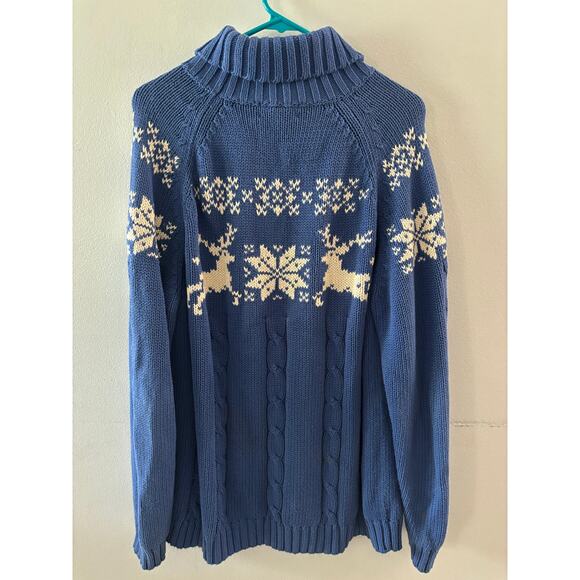 Lands End Womens Fair Isle Knit Turtleneck Sweater Size XL Blue Reindeer Winter - Picture 2 of 7